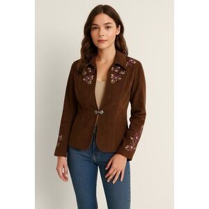 Coldwater Creek Brown Jacket Embroidered Floral Purple Sz 6‎ Boho Western